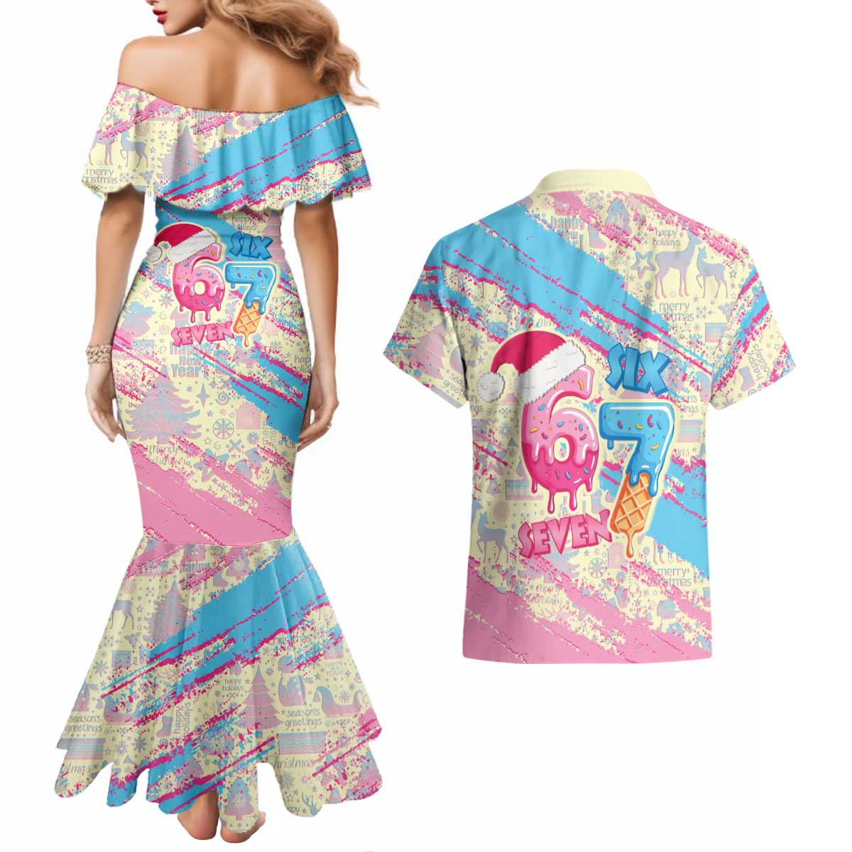 Six Seven Ice Cream Drip Couples Matching Mermaid Dress and Hawaiian Shirt 67 Funny Christmas Gen Alpha Slang - Wonder Print Shop