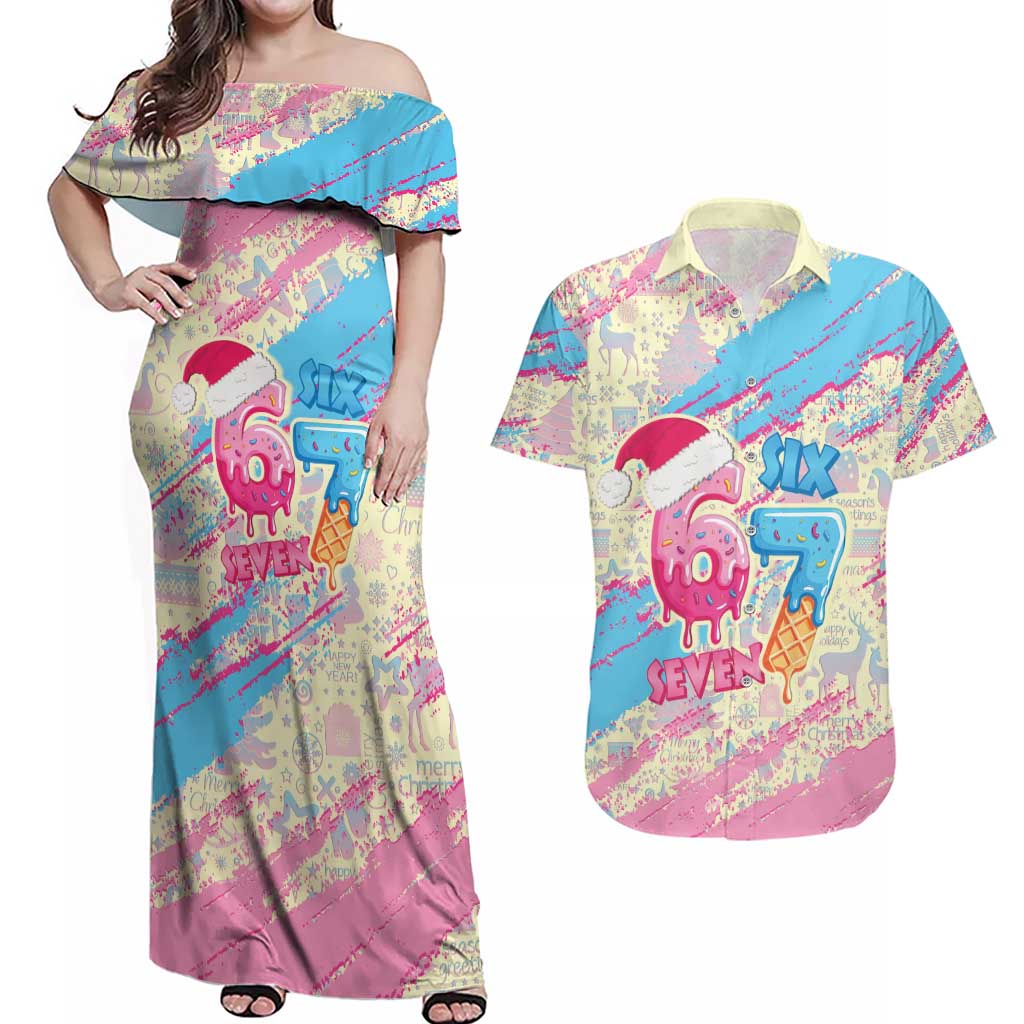 Six Seven Ice Cream Drip Couples Matching Off Shoulder Maxi Dress and Hawaiian Shirt 67 Funny Christmas Gen Alpha Slang - Wonder Print Shop