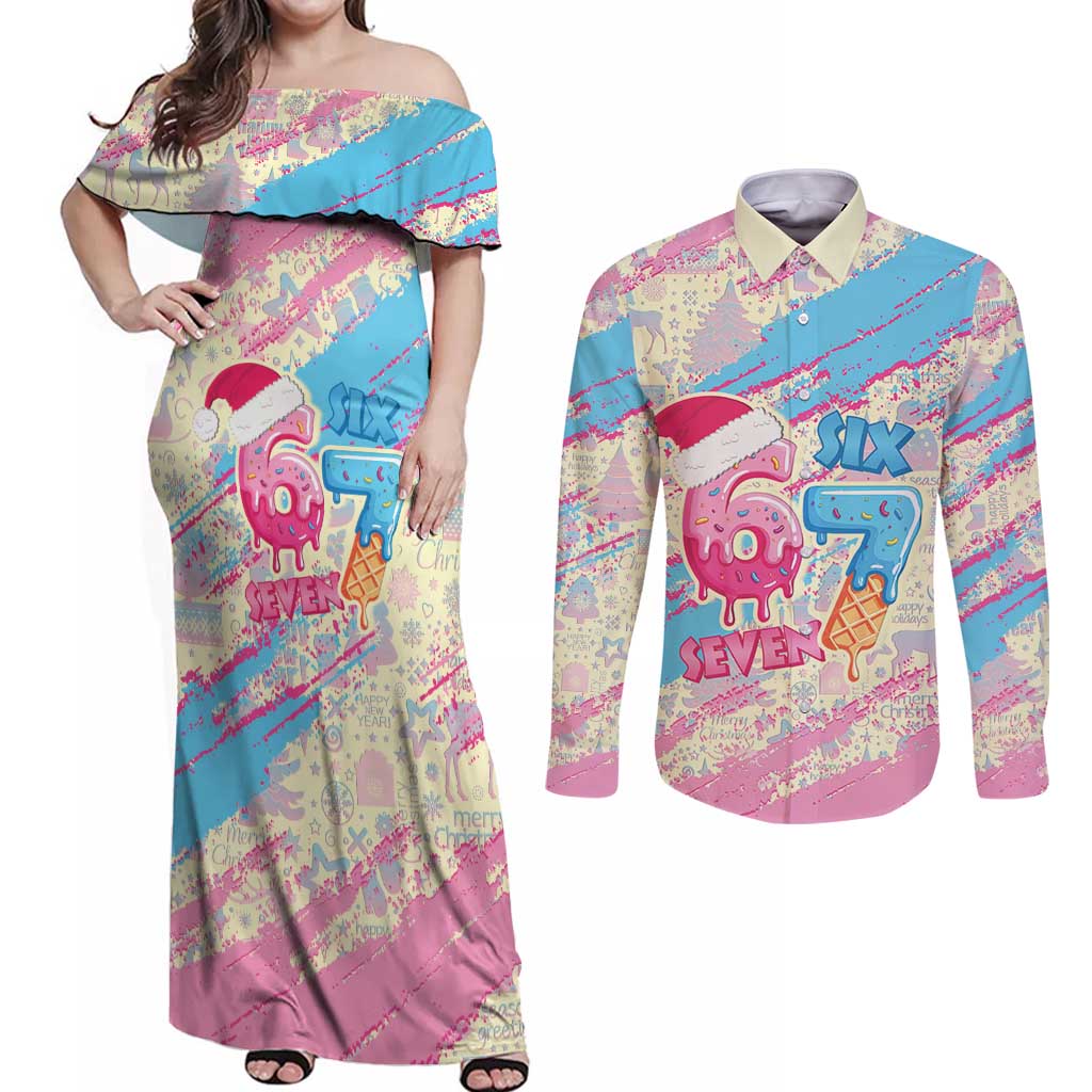 Six Seven Ice Cream Drip Couples Matching Off Shoulder Maxi Dress and Long Sleeve Button Shirt 67 Funny Christmas Gen Alpha Slang - Wonder Print Shop