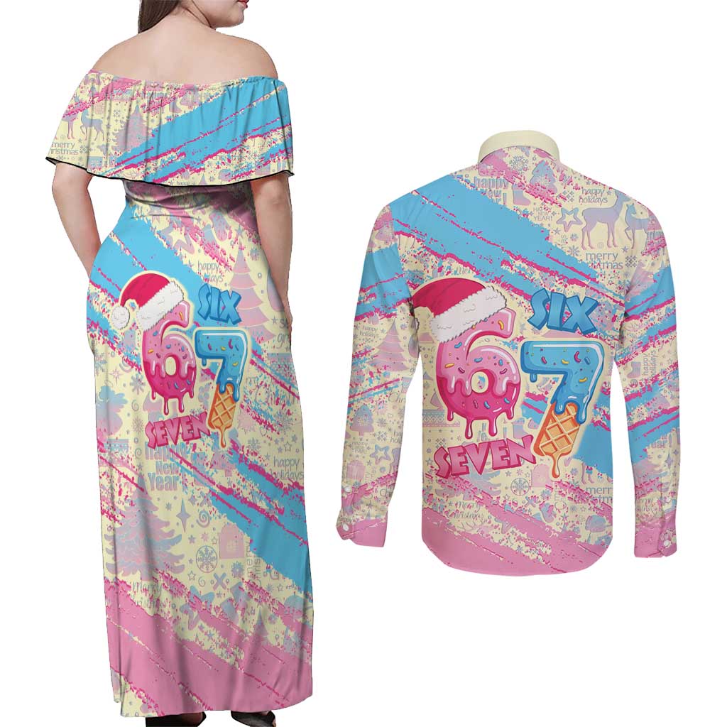 Six Seven Ice Cream Drip Couples Matching Off Shoulder Maxi Dress and Long Sleeve Button Shirt 67 Funny Christmas Gen Alpha Slang - Wonder Print Shop