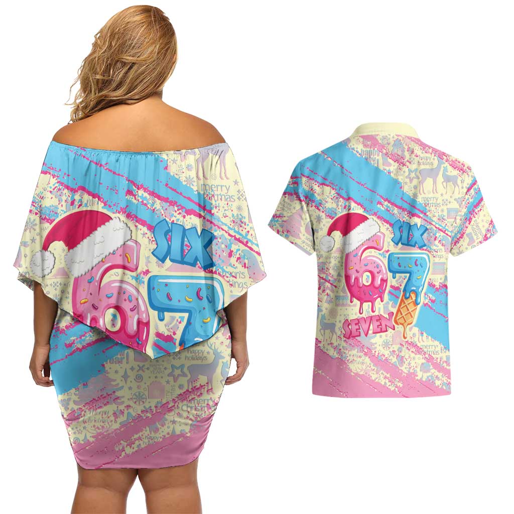 Six Seven Ice Cream Drip Couples Matching Off Shoulder Short Dress and Hawaiian Shirt 67 Funny Christmas Gen Alpha Slang - Wonder Print Shop