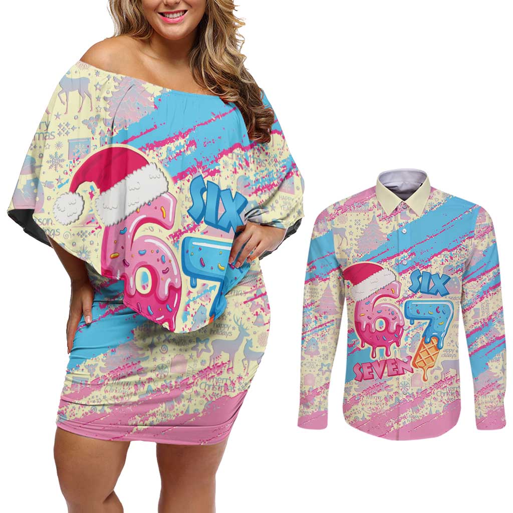 Six Seven Ice Cream Drip Couples Matching Off Shoulder Short Dress and Long Sleeve Button Shirt 67 Funny Christmas Gen Alpha Slang - Wonder Print Shop