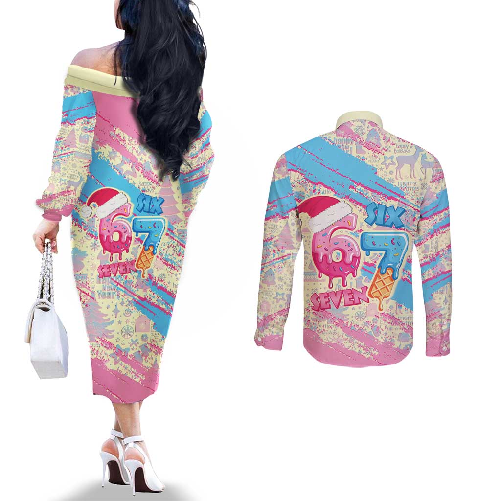 Six Seven Ice Cream Drip Couples Matching Off The Shoulder Long Sleeve Dress and Long Sleeve Button Shirt 67 Funny Christmas Gen Alpha Slang - Wonder Print Shop