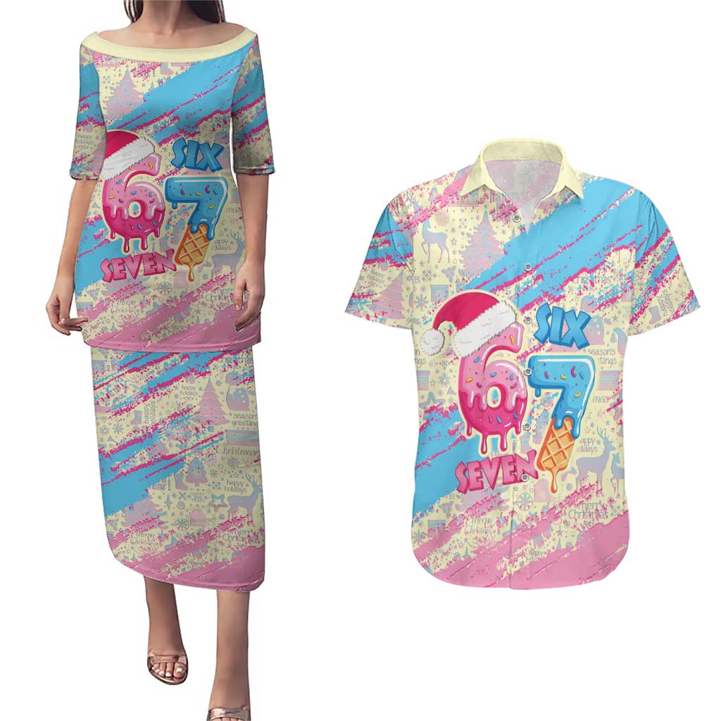 Six Seven Ice Cream Drip Couples Matching Puletasi and Hawaiian Shirt 67 Funny Christmas Gen Alpha Slang - Wonder Print Shop