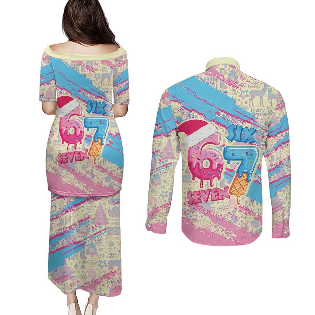 Six Seven Ice Cream Drip Couples Matching Puletasi and Long Sleeve Button Shirt 67 Funny Christmas Gen Alpha Slang - Wonder Print Shop