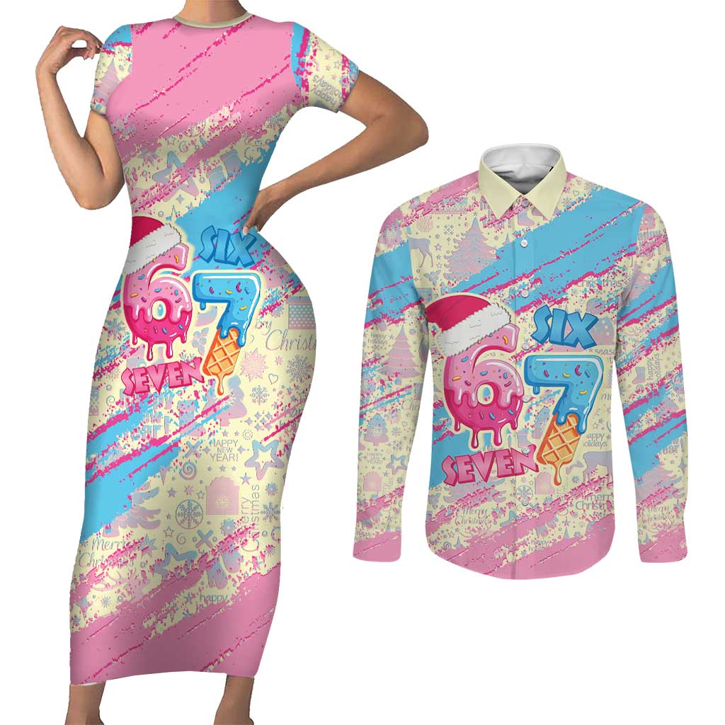 Six Seven Ice Cream Drip Couples Matching Short Sleeve Bodycon Dress and Long Sleeve Button Shirt 67 Funny Christmas Gen Alpha Slang - Wonder Print Shop