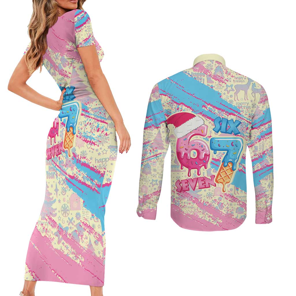 Six Seven Ice Cream Drip Couples Matching Short Sleeve Bodycon Dress and Long Sleeve Button Shirt 67 Funny Christmas Gen Alpha Slang - Wonder Print Shop