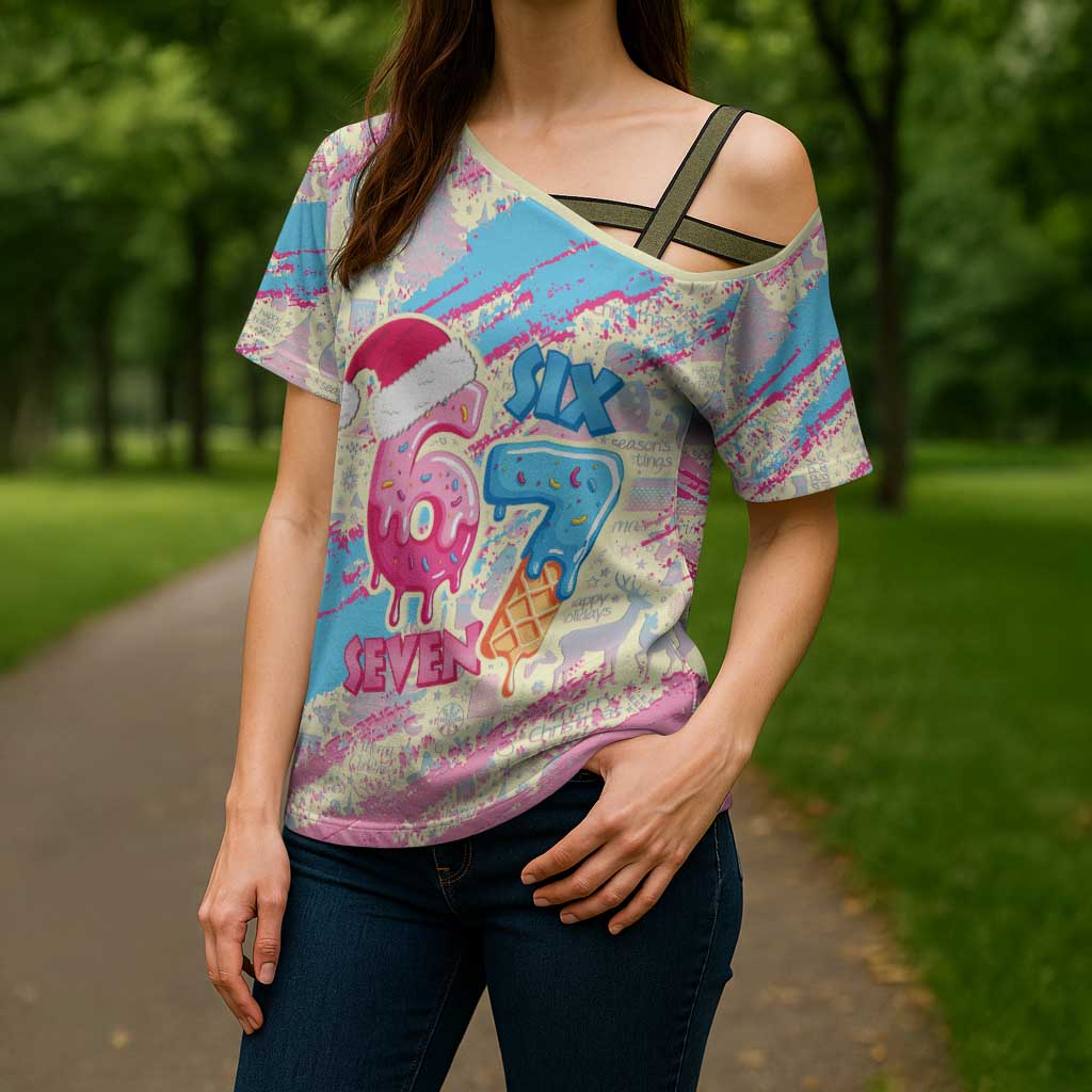 Six Seven Ice Cream Drip Cross Shoulder Shirt 67 Funny Christmas Gen Alpha Slang - Wonder Print Shop