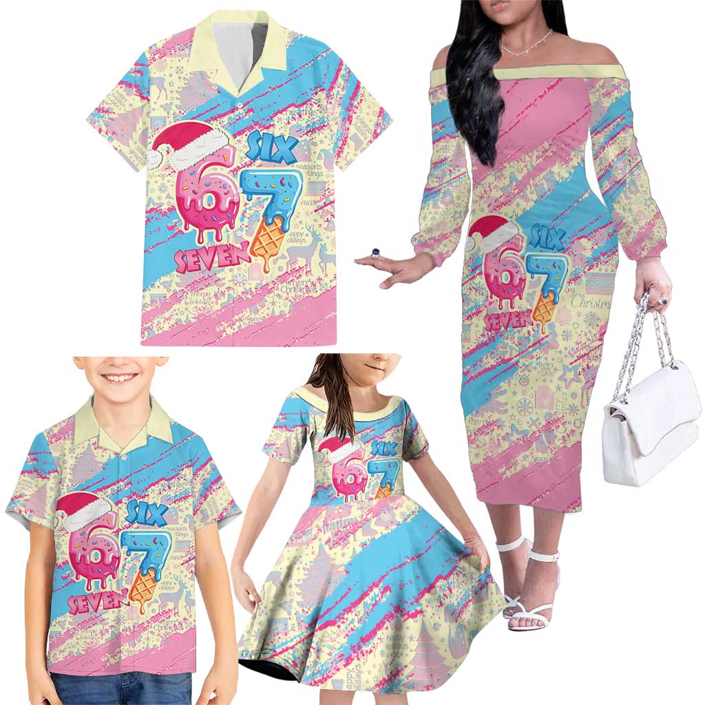Six Seven Ice Cream Drip Family Matching Off The Shoulder Long Sleeve Dress and Hawaiian Shirt 67 Funny Christmas Gen Alpha Slang - Wonder Print Shop