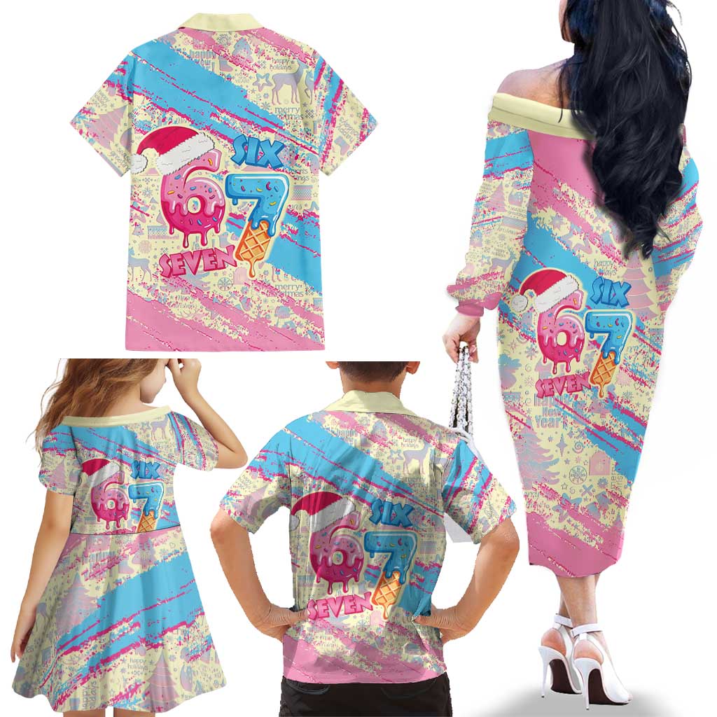 Six Seven Ice Cream Drip Family Matching Off The Shoulder Long Sleeve Dress and Hawaiian Shirt 67 Funny Christmas Gen Alpha Slang - Wonder Print Shop