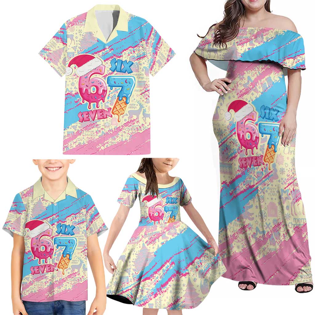 Six Seven Ice Cream Drip Family Matching Off Shoulder Maxi Dress and Hawaiian Shirt 67 Funny Christmas Gen Alpha Slang - Wonder Print Shop