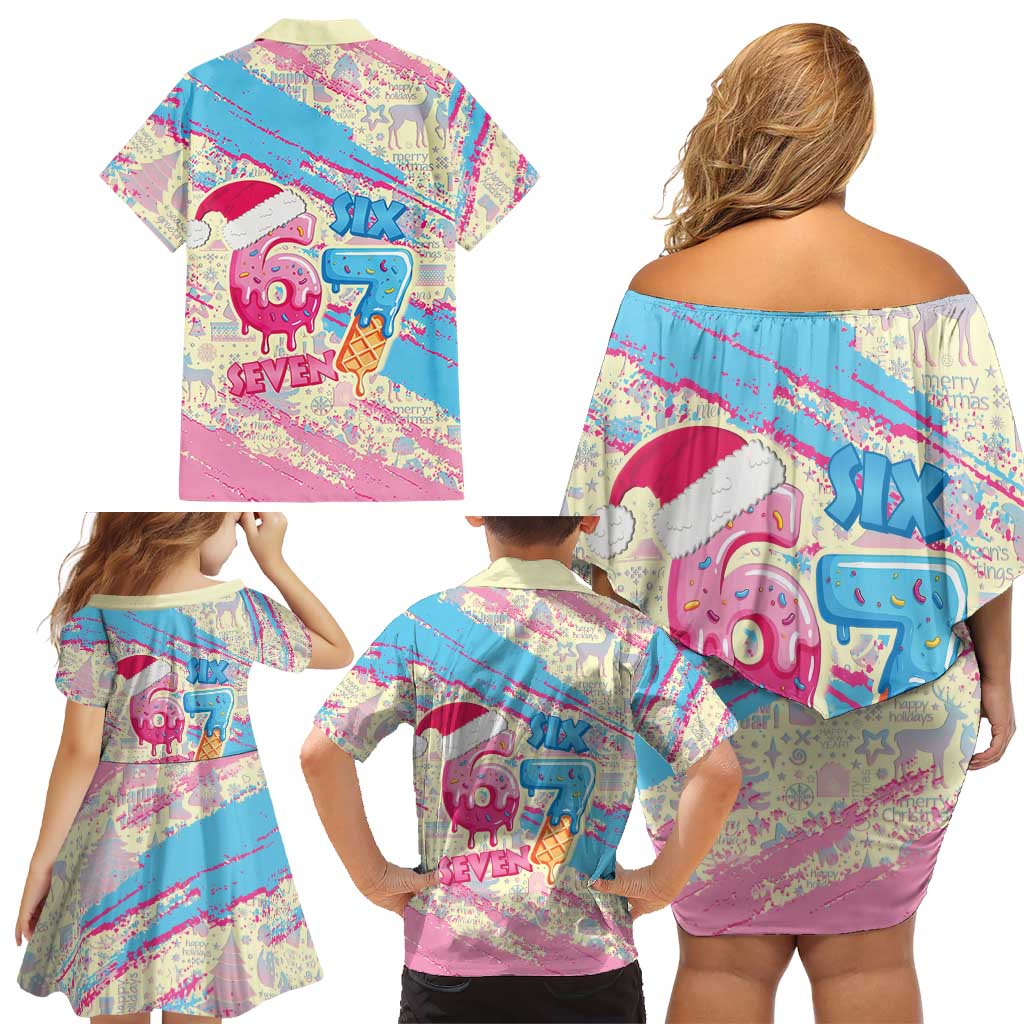Six Seven Ice Cream Drip Family Matching Off Shoulder Short Dress and Hawaiian Shirt 67 Funny Christmas Gen Alpha Slang - Wonder Print Shop