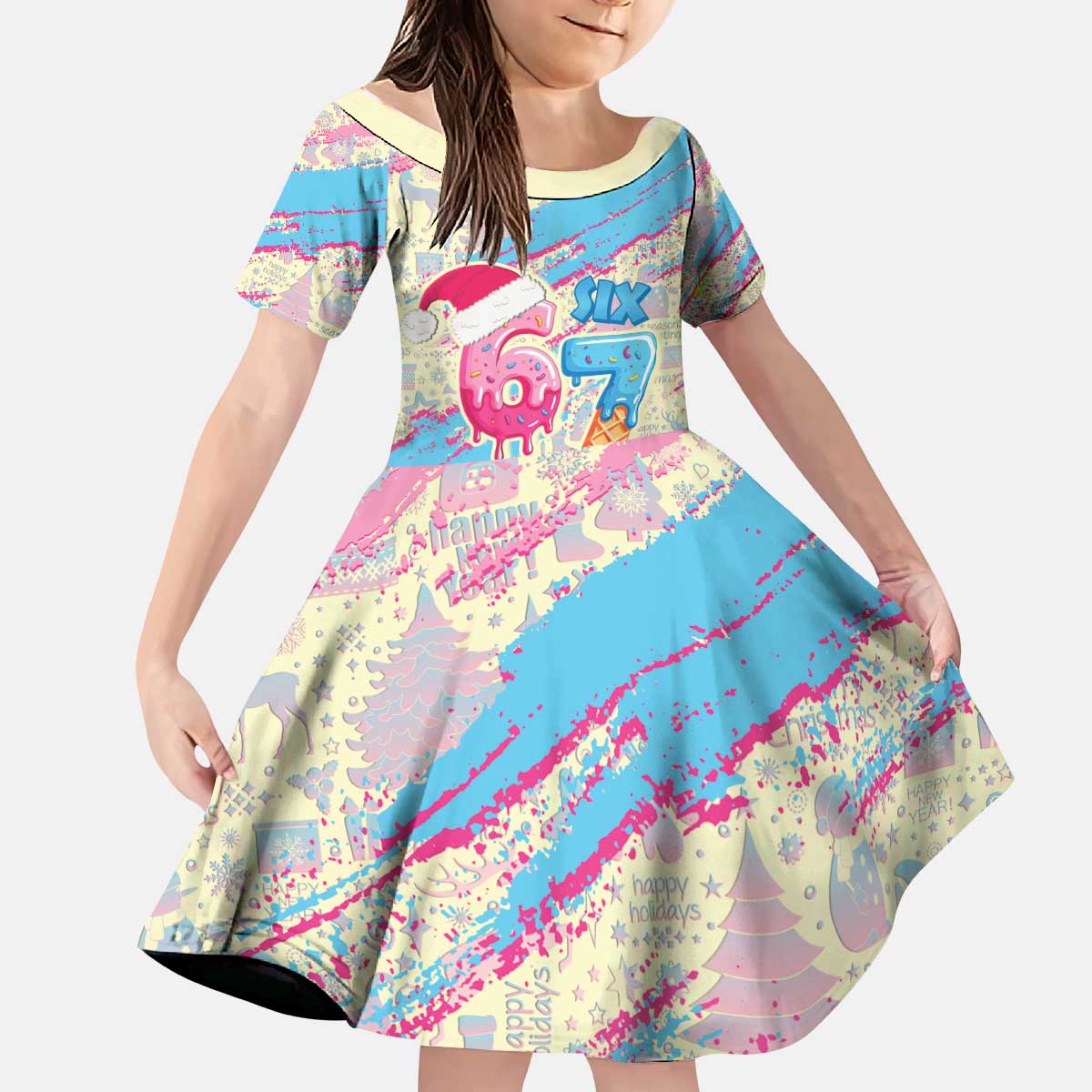 Six Seven Ice Cream Drip Kid Short Sleeve Dress 67 Funny Christmas Gen Alpha Slang - Wonder Print Shop