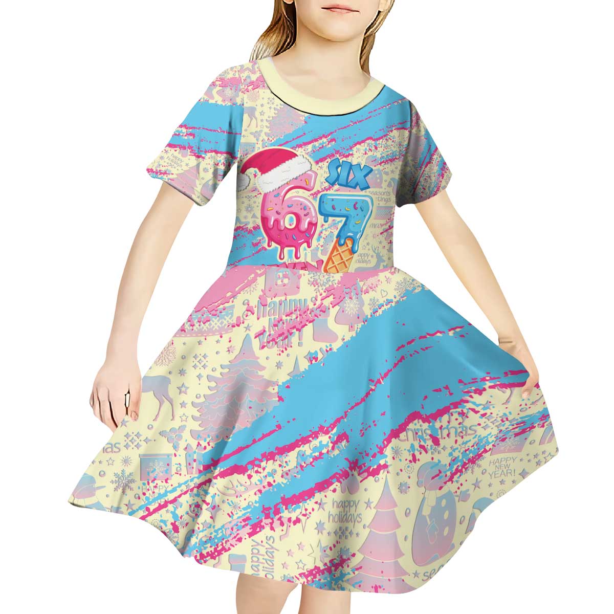 Six Seven Ice Cream Drip Kid Short Sleeve Dress 67 Funny Christmas Gen Alpha Slang - Wonder Print Shop