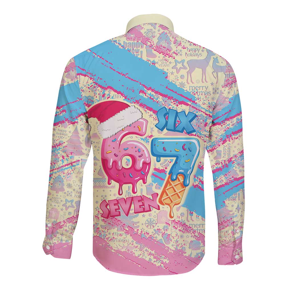 Six Seven Ice Cream Drip Long Sleeve Button Shirt 67 Funny Christmas Gen Alpha Slang - Wonder Print Shop