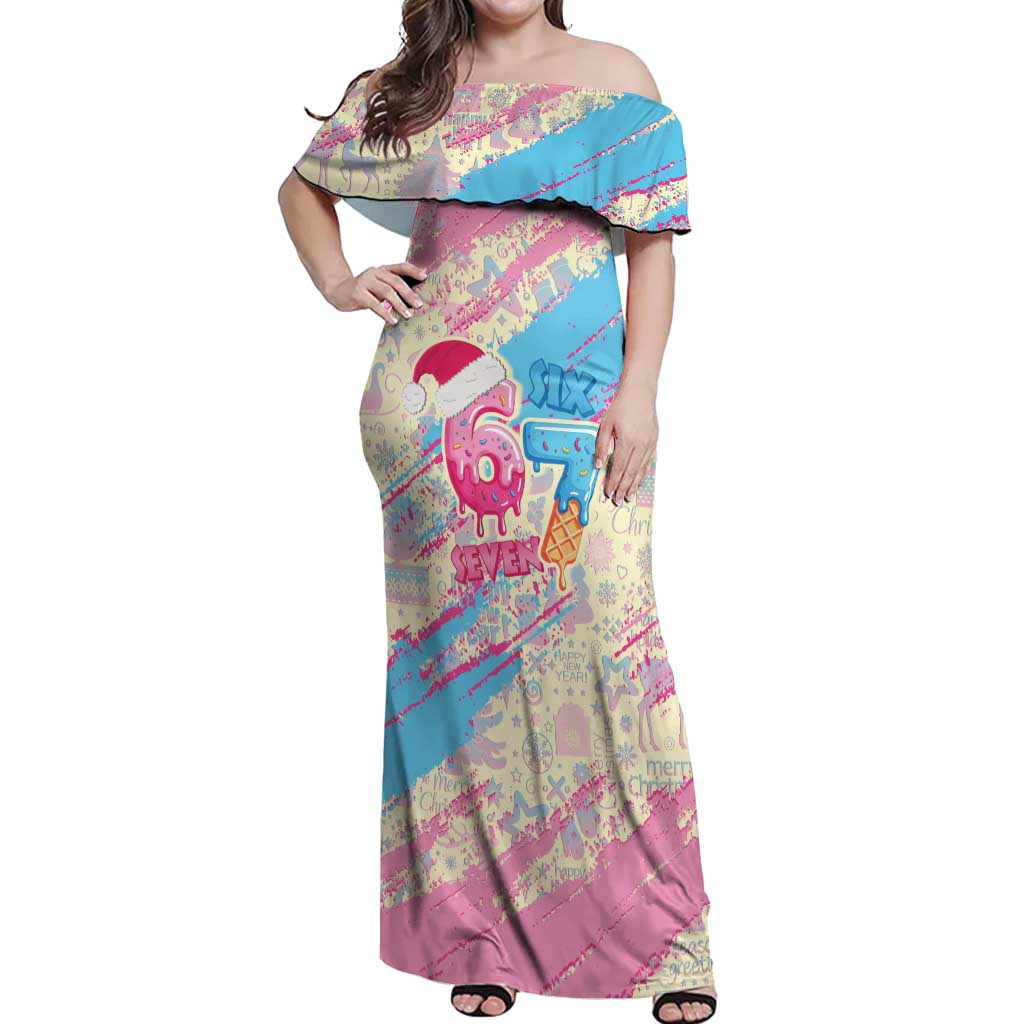 Six Seven Ice Cream Drip Off Shoulder Maxi Dress 67 Funny Christmas Gen Alpha Slang - Wonder Print Shop