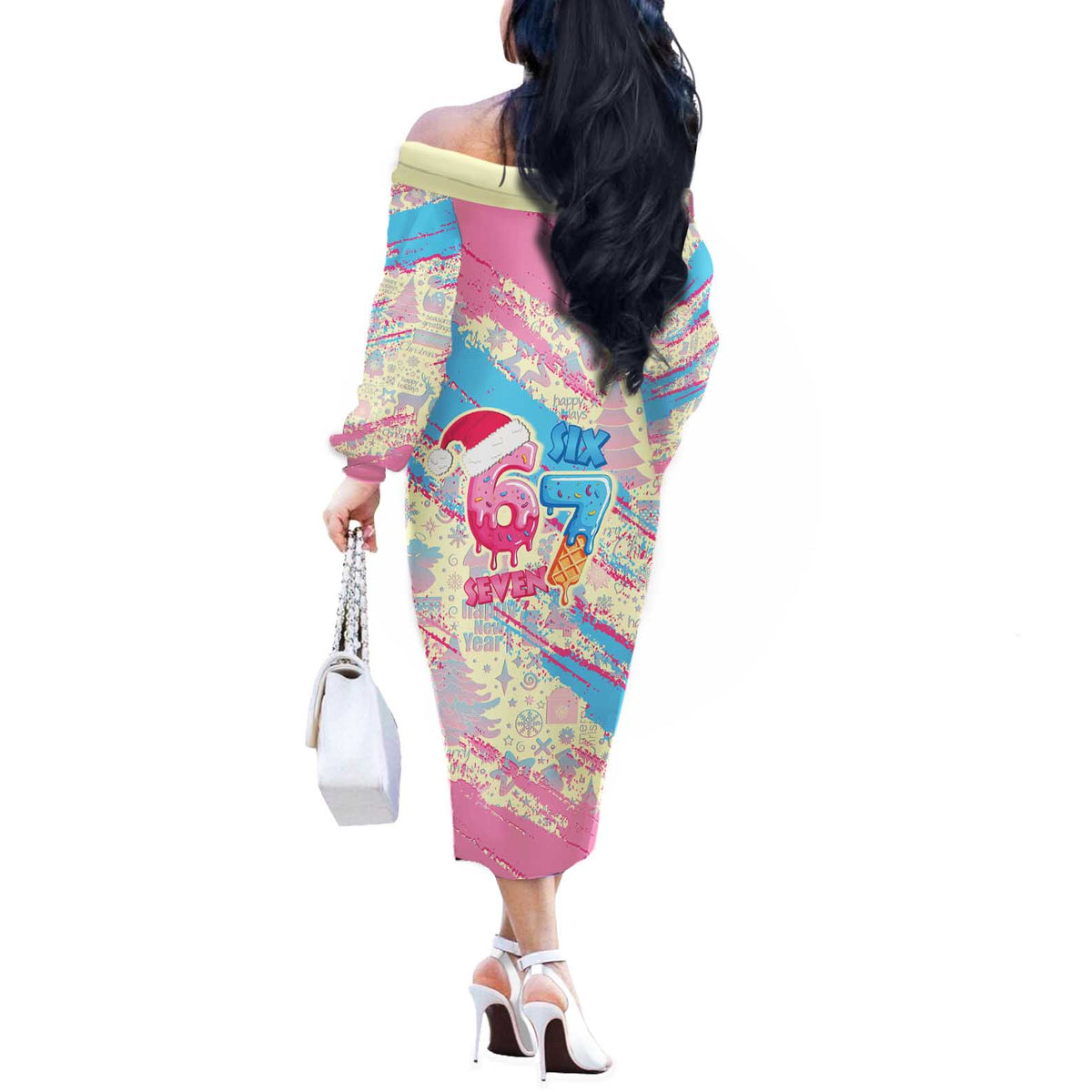 Six Seven Ice Cream Drip Off The Shoulder Long Sleeve Dress 67 Funny Christmas Gen Alpha