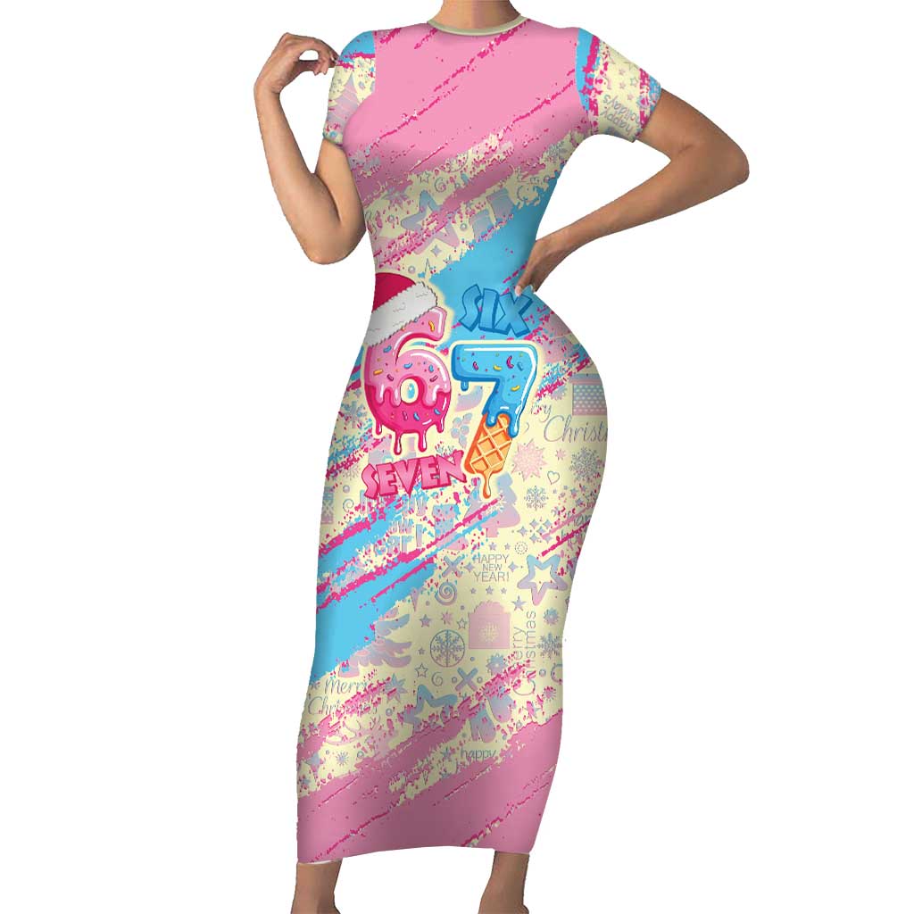 Six Seven Ice Cream Drip Short Sleeve Bodycon Dress 67 Funny Christmas Gen Alpha Slang - Wonder Print Shop