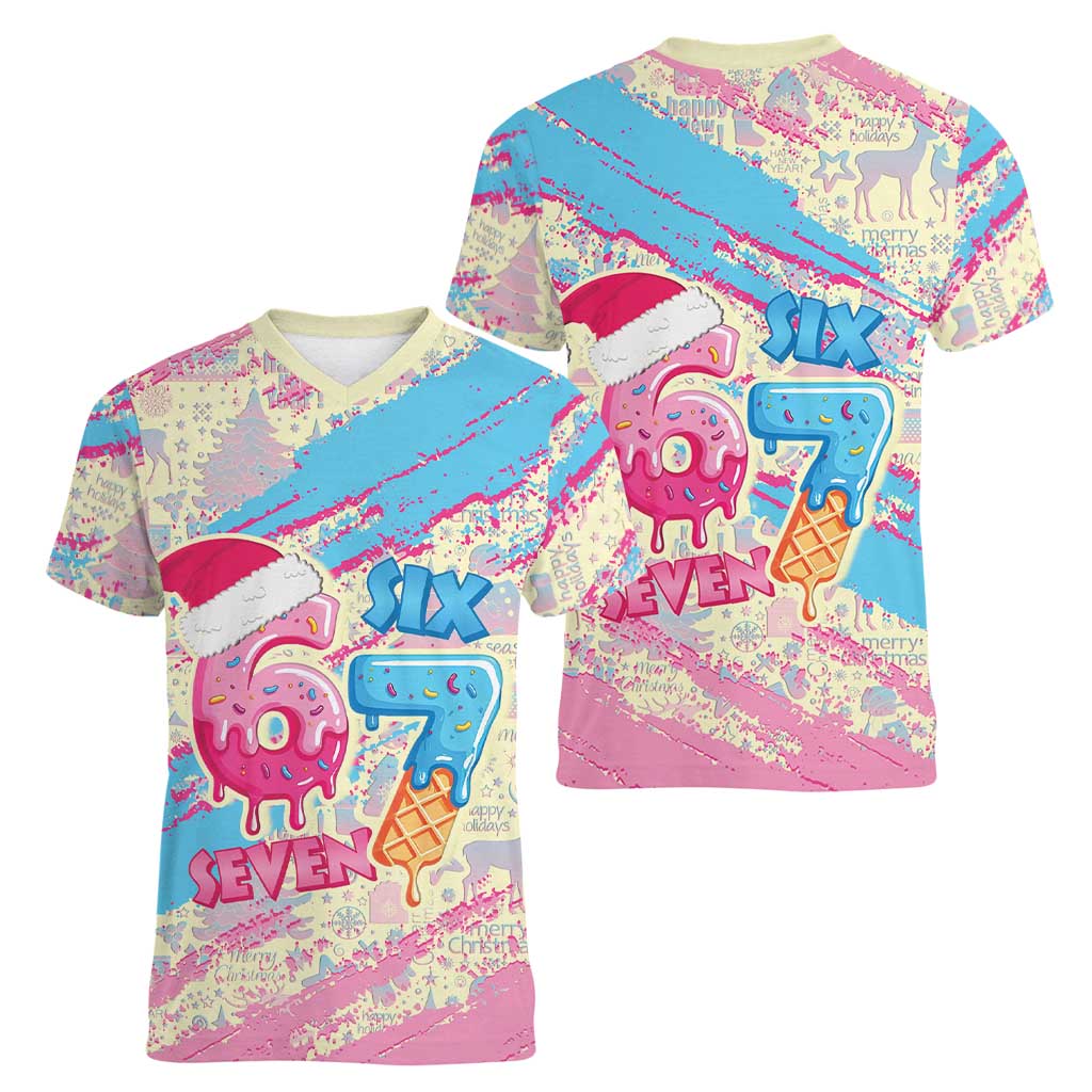 Six Seven Ice Cream Drip Women V-Neck T-Shirt 67 Funny Christmas Gen Alpha Slang - Wonder Print Shop