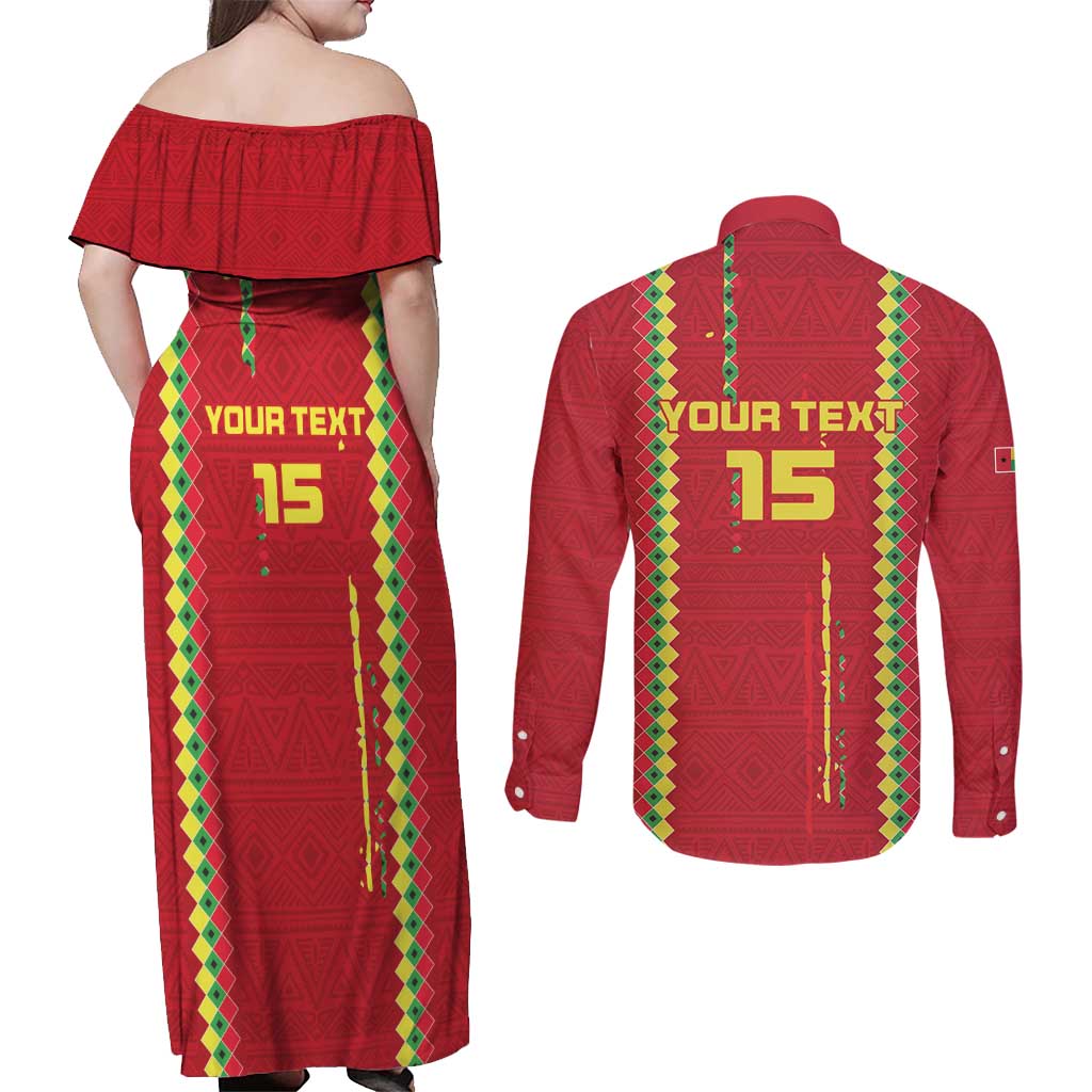 Custom Guinea Bissau Football Couples Matching Off Shoulder Maxi Dress and Long Sleeve Button Shirt Go Djurtus - Red Ver - Wonder Print Shop