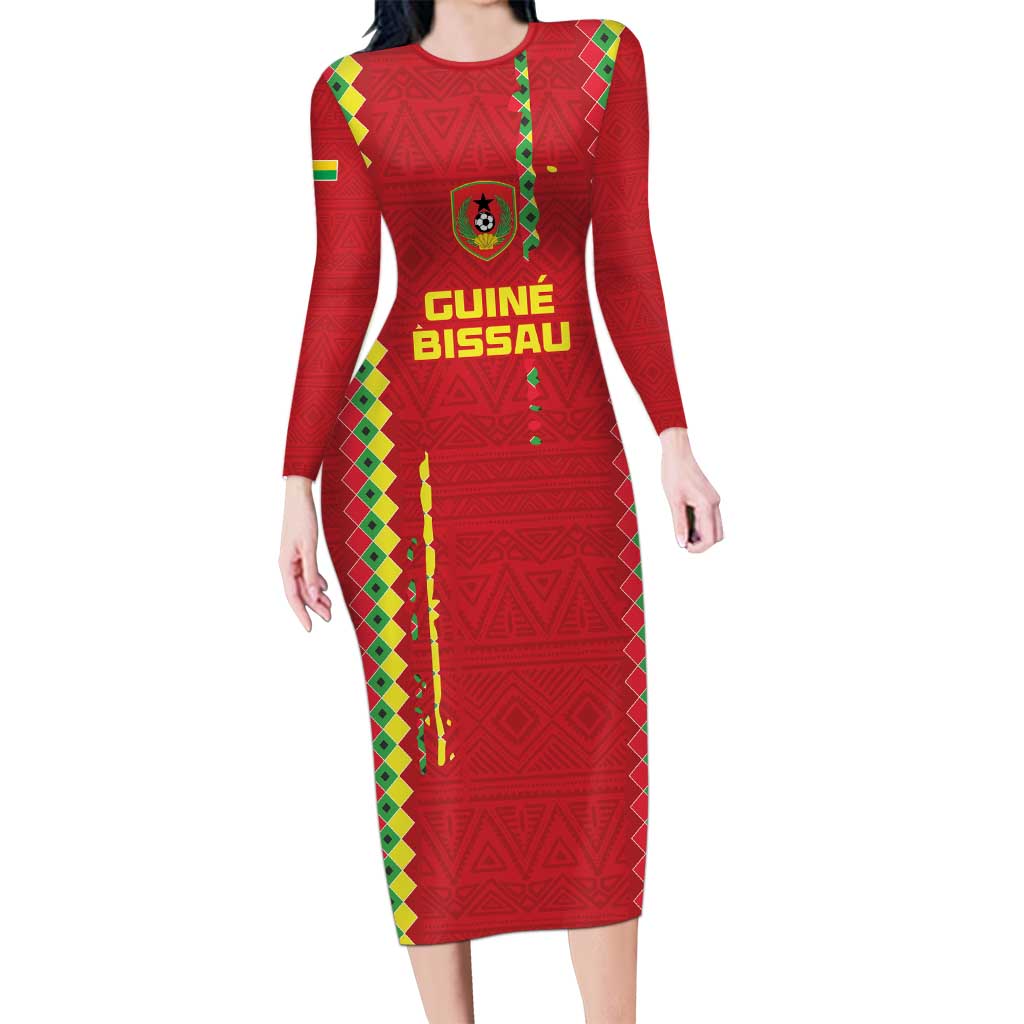 Custom Guinea Bissau Football Long Sleeve Bodycon Dress Go Djurtus - Red Ver - Wonder Print Shop