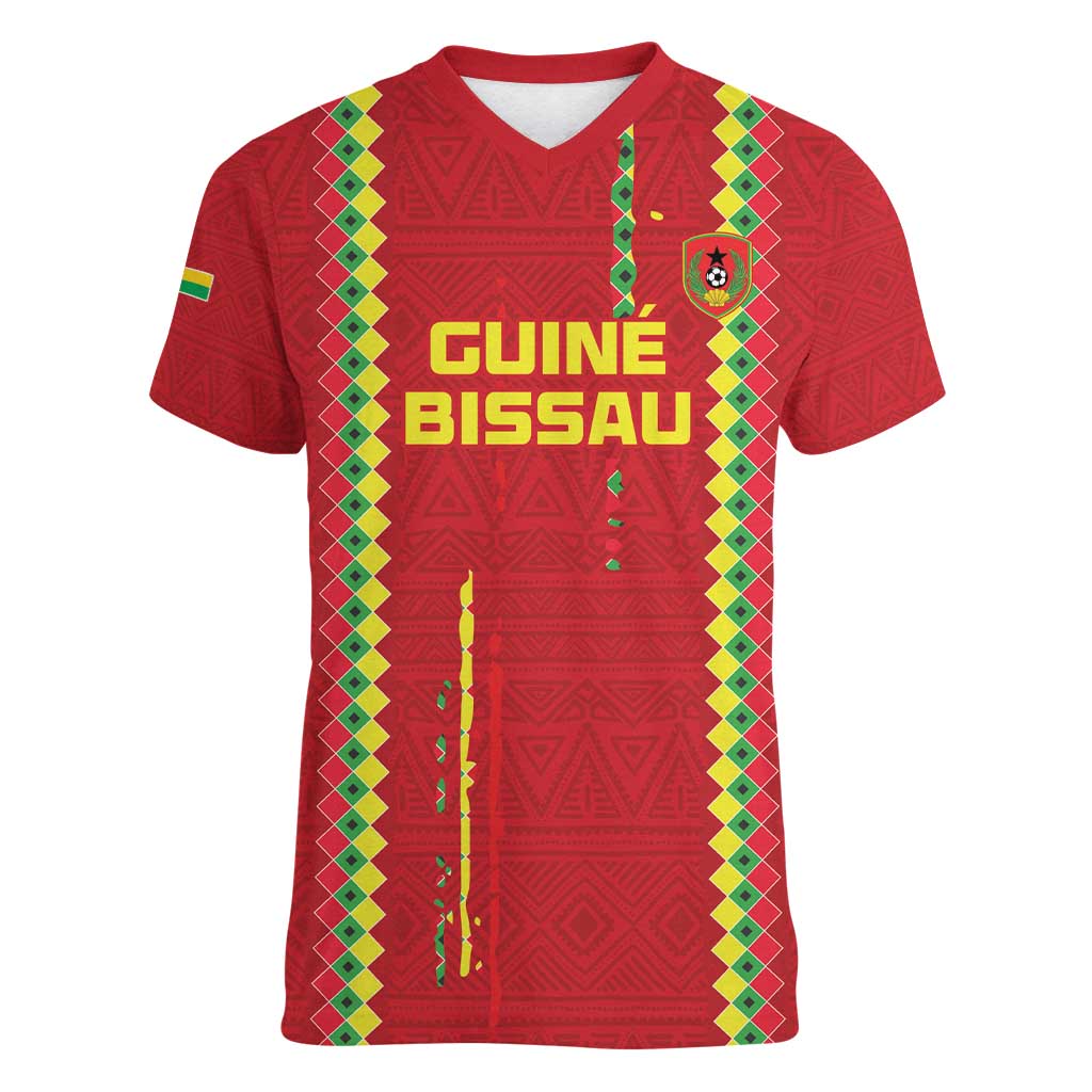 Custom Guinea Bissau Football Women V-Neck T-Shirt Go Djurtus - Red Ver - Wonder Print Shop