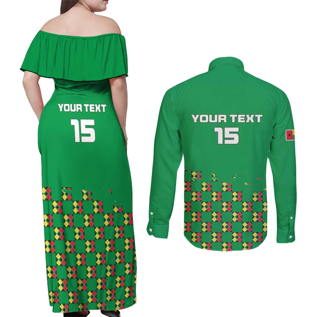 Custom Guinea Bissau Football Couples Matching Off Shoulder Maxi Dress and Long Sleeve Button Shirt Go Djurtus - Green Ver - Wonder Print Shop