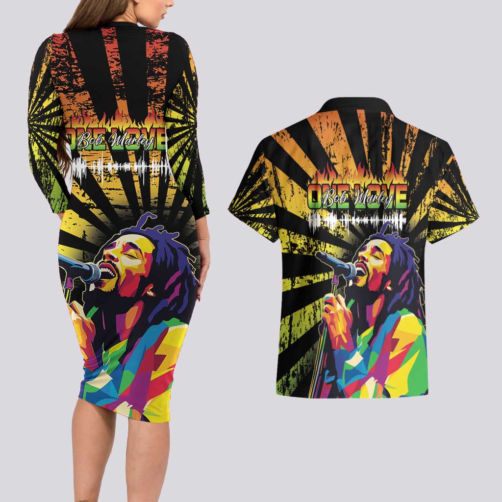Reggae Legend Bob Couples Matching Long Sleeve Bodycon Dress and Hawaiian Shirt Grunge Style - Wonder Print Shop