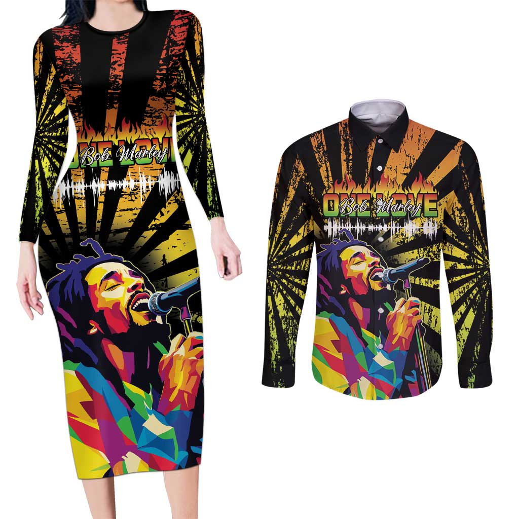 Reggae Legend Bob Couples Matching Long Sleeve Bodycon Dress and Long Sleeve Button Shirt Grunge Style - Wonder Print Shop