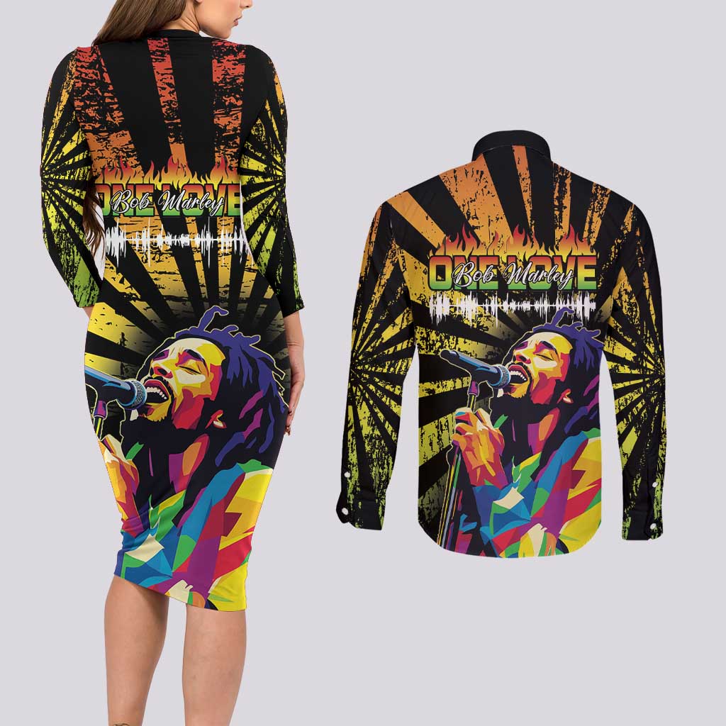 Reggae Legend Bob Couples Matching Long Sleeve Bodycon Dress and Long Sleeve Button Shirt Grunge Style - Wonder Print Shop