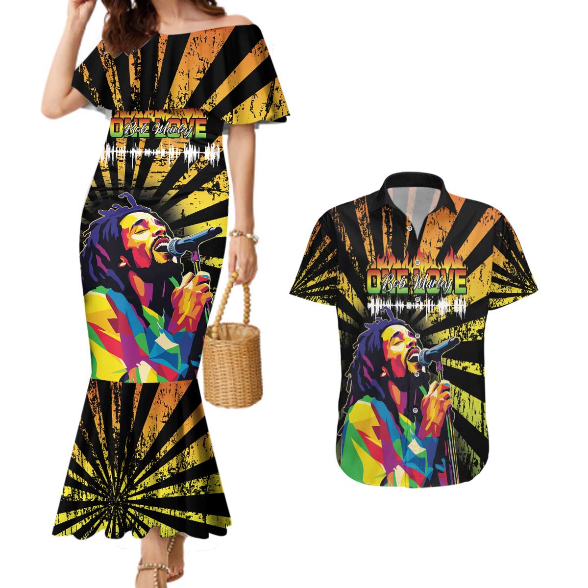 Reggae Legend Bob Couples Matching Mermaid Dress and Hawaiian Shirt Grunge Style - Wonder Print Shop
