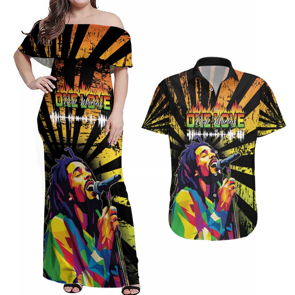 Reggae Legend Bob Couples Matching Off Shoulder Maxi Dress and Hawaiian Shirt Grunge Style - Wonder Print Shop