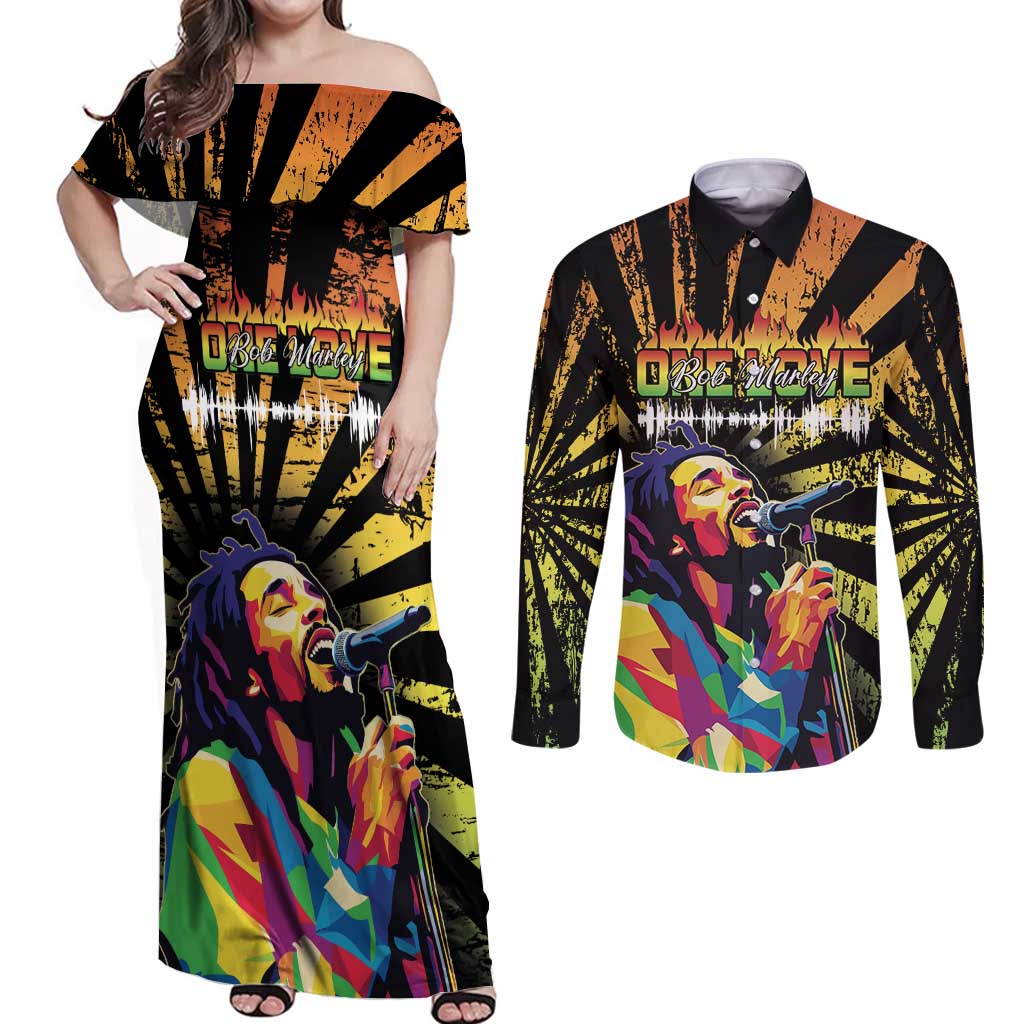 Reggae Legend Bob Couples Matching Off Shoulder Maxi Dress and Long Sleeve Button Shirt Grunge Style - Wonder Print Shop