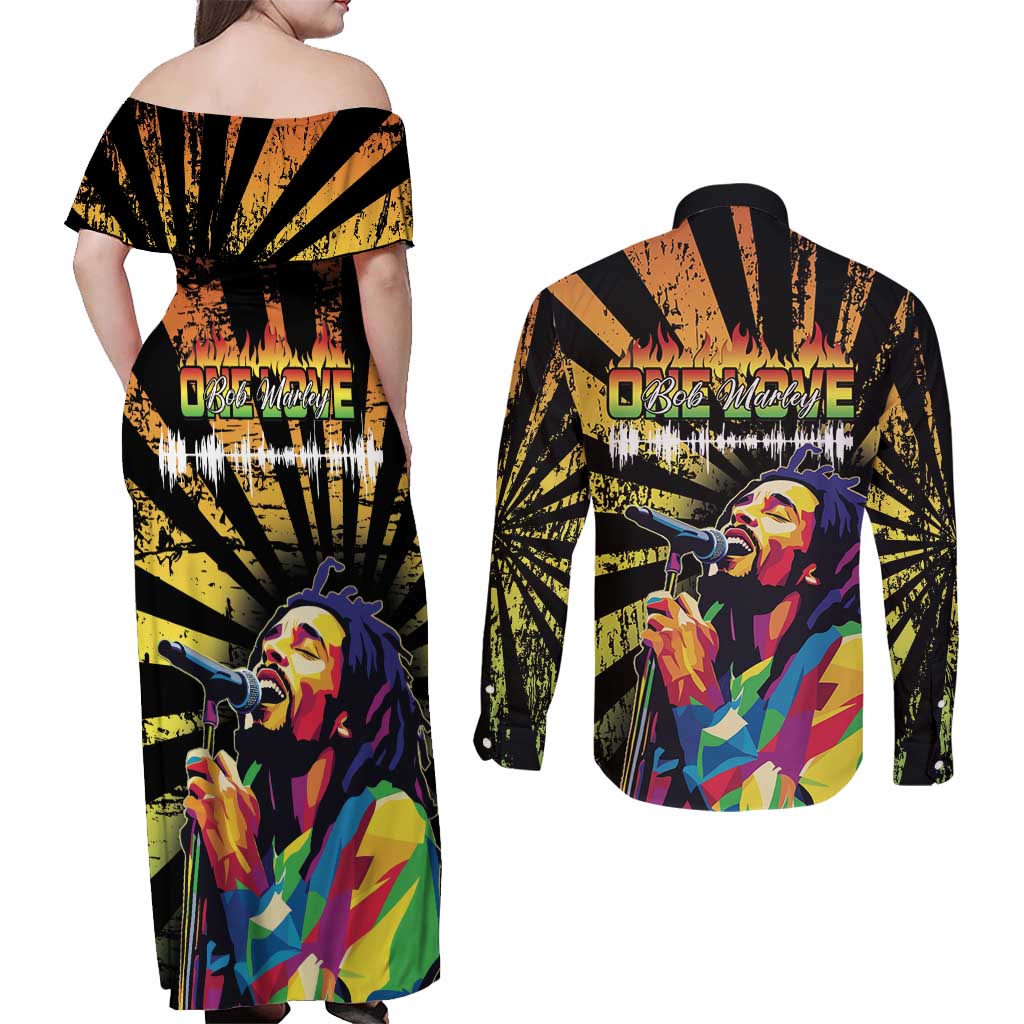Reggae Legend Bob Couples Matching Off Shoulder Maxi Dress and Long Sleeve Button Shirt Grunge Style - Wonder Print Shop