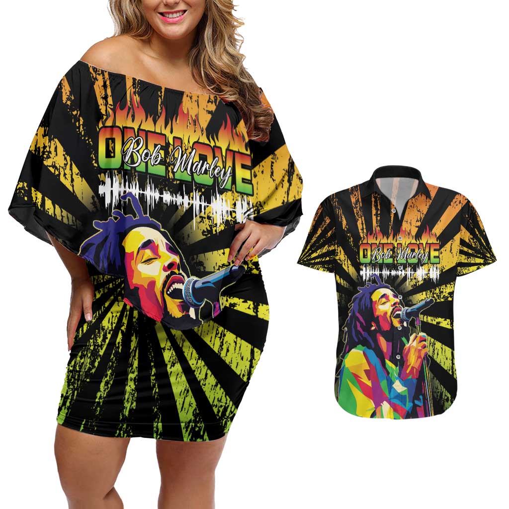 Reggae Legend Bob Couples Matching Off Shoulder Short Dress and Hawaiian Shirt Grunge Style - Wonder Print Shop