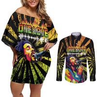 Reggae Legend Bob Couples Matching Off Shoulder Short Dress and Long Sleeve Button Shirt Grunge Style - Wonder Print Shop