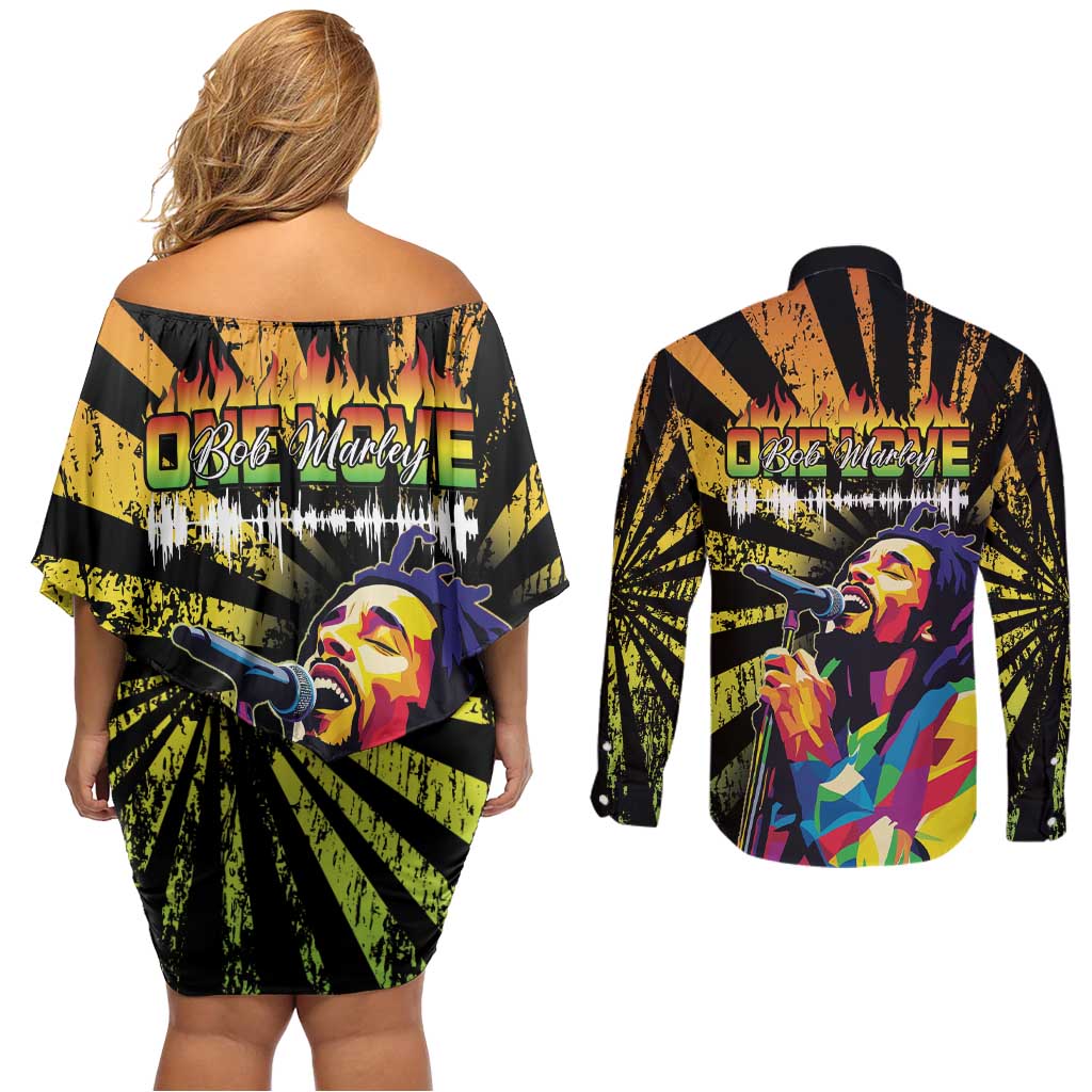 Reggae Legend Bob Couples Matching Off Shoulder Short Dress and Long Sleeve Button Shirt Grunge Style - Wonder Print Shop