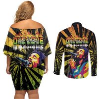 Reggae Legend Bob Couples Matching Off Shoulder Short Dress and Long Sleeve Button Shirt Grunge Style - Wonder Print Shop
