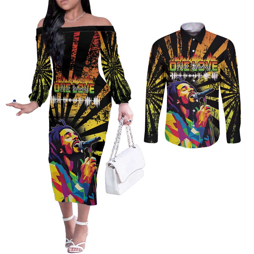 Reggae Legend Bob Couples Matching Off The Shoulder Long Sleeve Dress and Long Sleeve Button Shirt Grunge Style