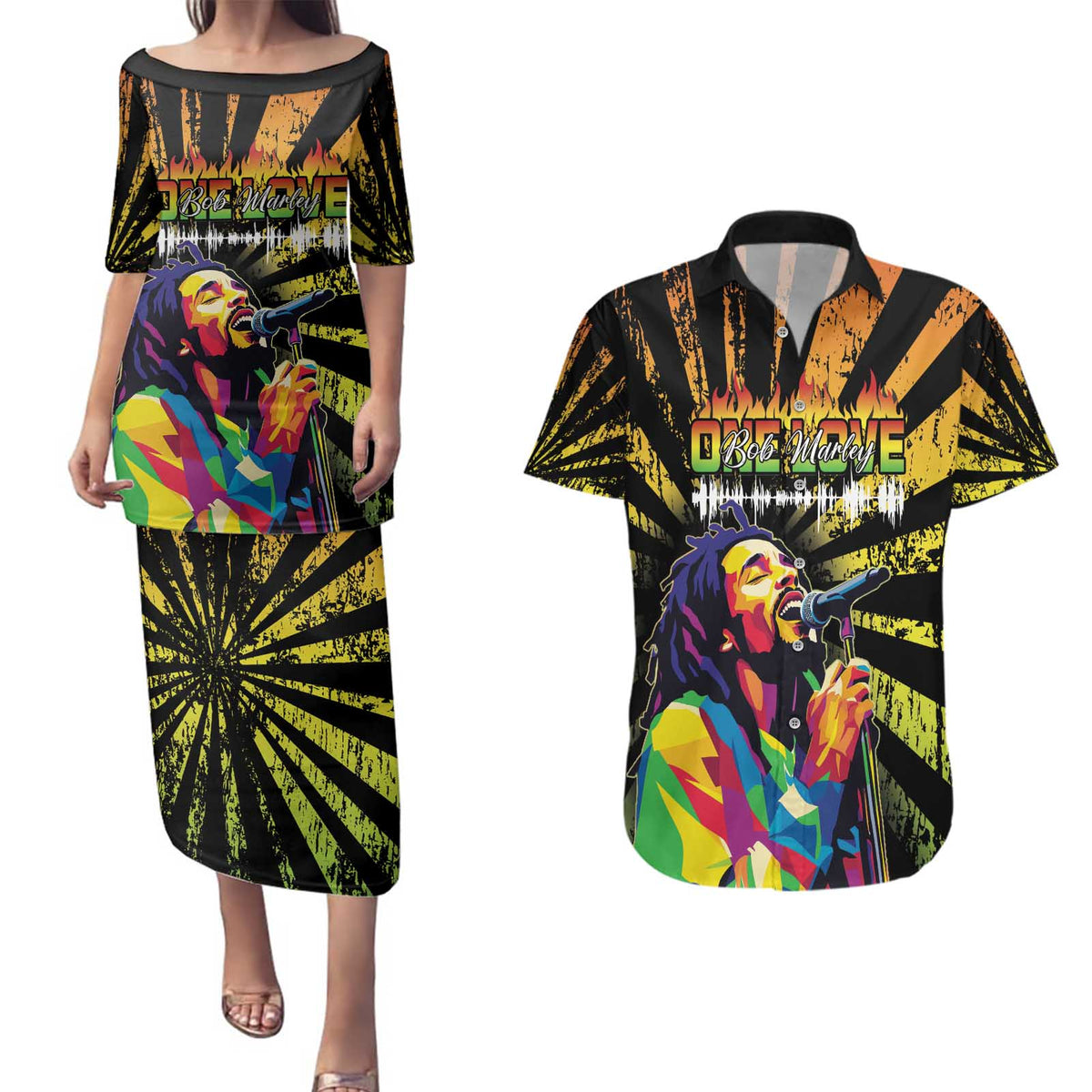Reggae Legend Bob Couples Matching Puletasi and Hawaiian Shirt Grunge Style - Wonder Print Shop