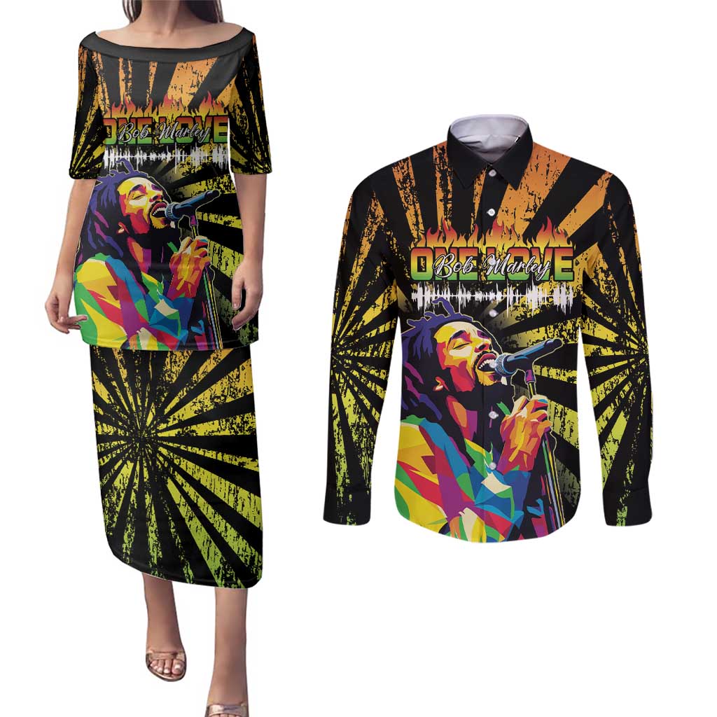 Reggae Legend Bob Couples Matching Puletasi and Long Sleeve Button Shirt Grunge Style - Wonder Print Shop