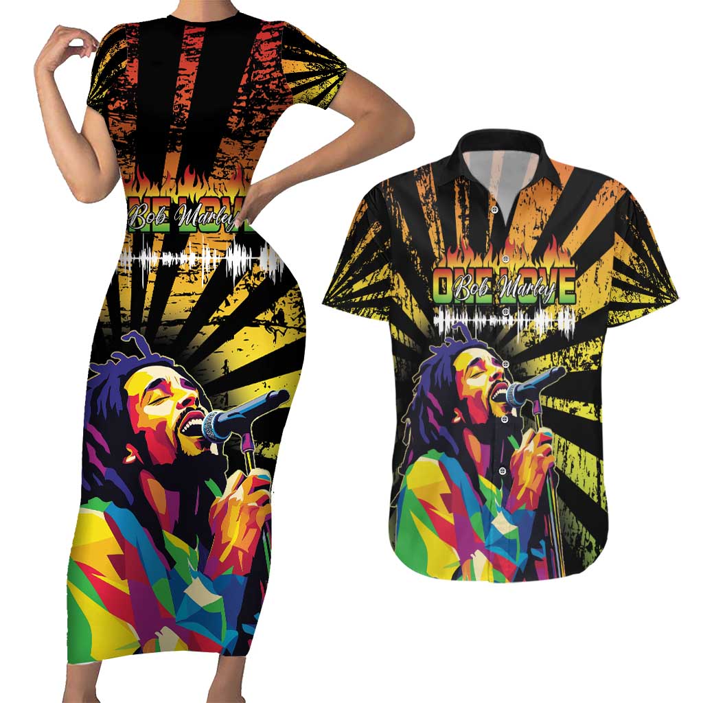 Reggae Legend Bob Couples Matching Short Sleeve Bodycon Dress and Hawaiian Shirt Grunge Style - Wonder Print Shop