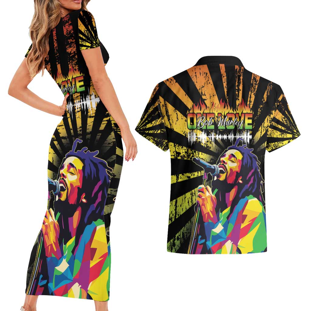 Reggae Legend Bob Couples Matching Short Sleeve Bodycon Dress and Hawaiian Shirt Grunge Style - Wonder Print Shop