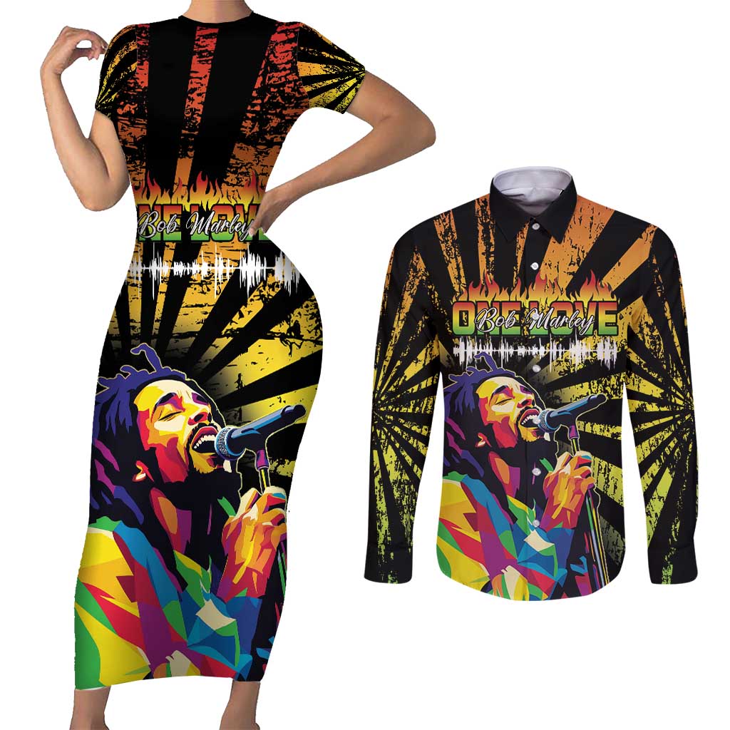 Reggae Legend Bob Couples Matching Short Sleeve Bodycon Dress and Long Sleeve Button Shirt Grunge Style - Wonder Print Shop