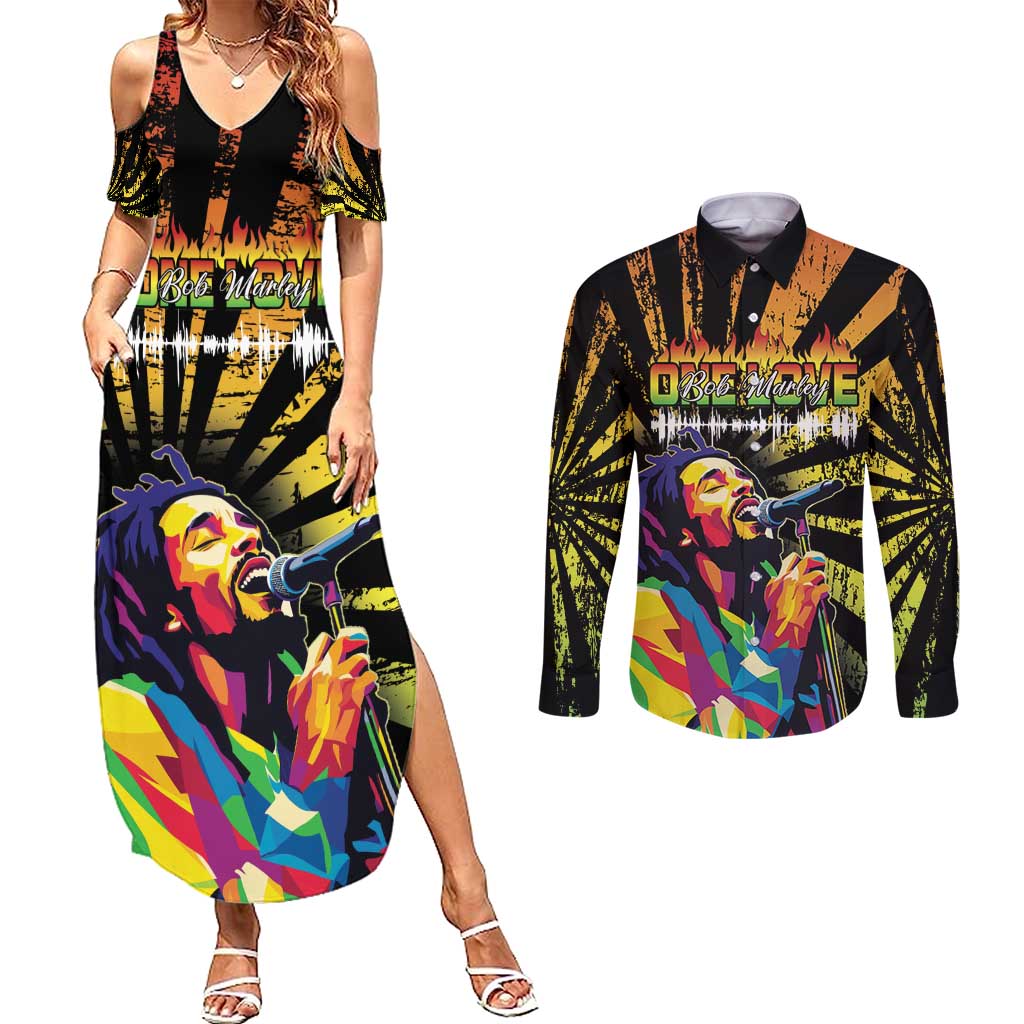 Reggae Legend Bob Couples Matching Summer Maxi Dress and Long Sleeve Button Shirt Grunge Style - Wonder Print Shop