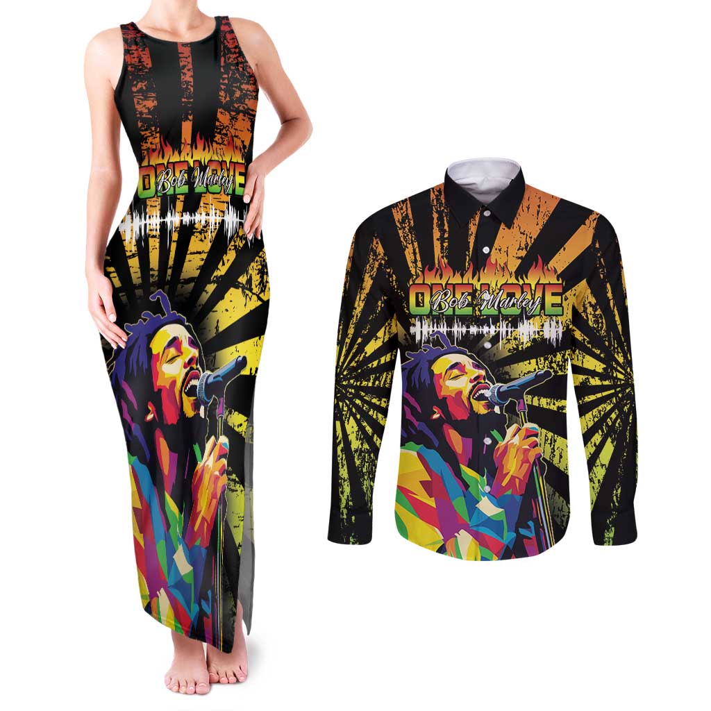 Reggae Legend Bob Couples Matching Tank Maxi Dress and Long Sleeve Button Shirt Grunge Style - Wonder Print Shop
