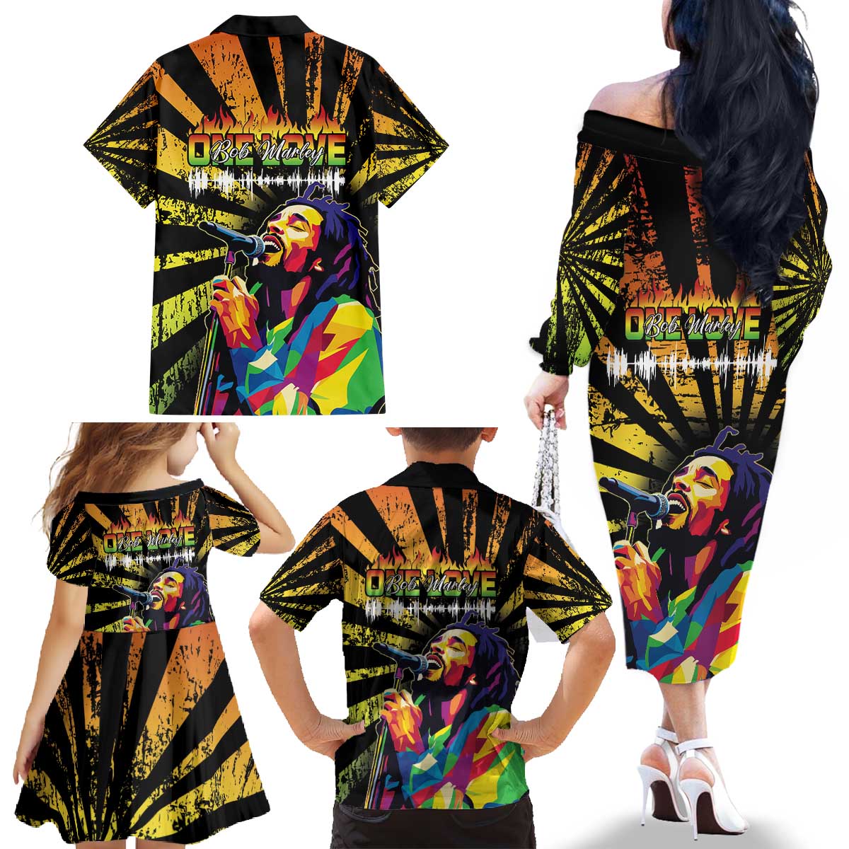 Reggae Legend Bob Family Matching Off The Shoulder Long Sleeve Dress and Hawaiian Shirt Grunge Style - Wonder Print Shop