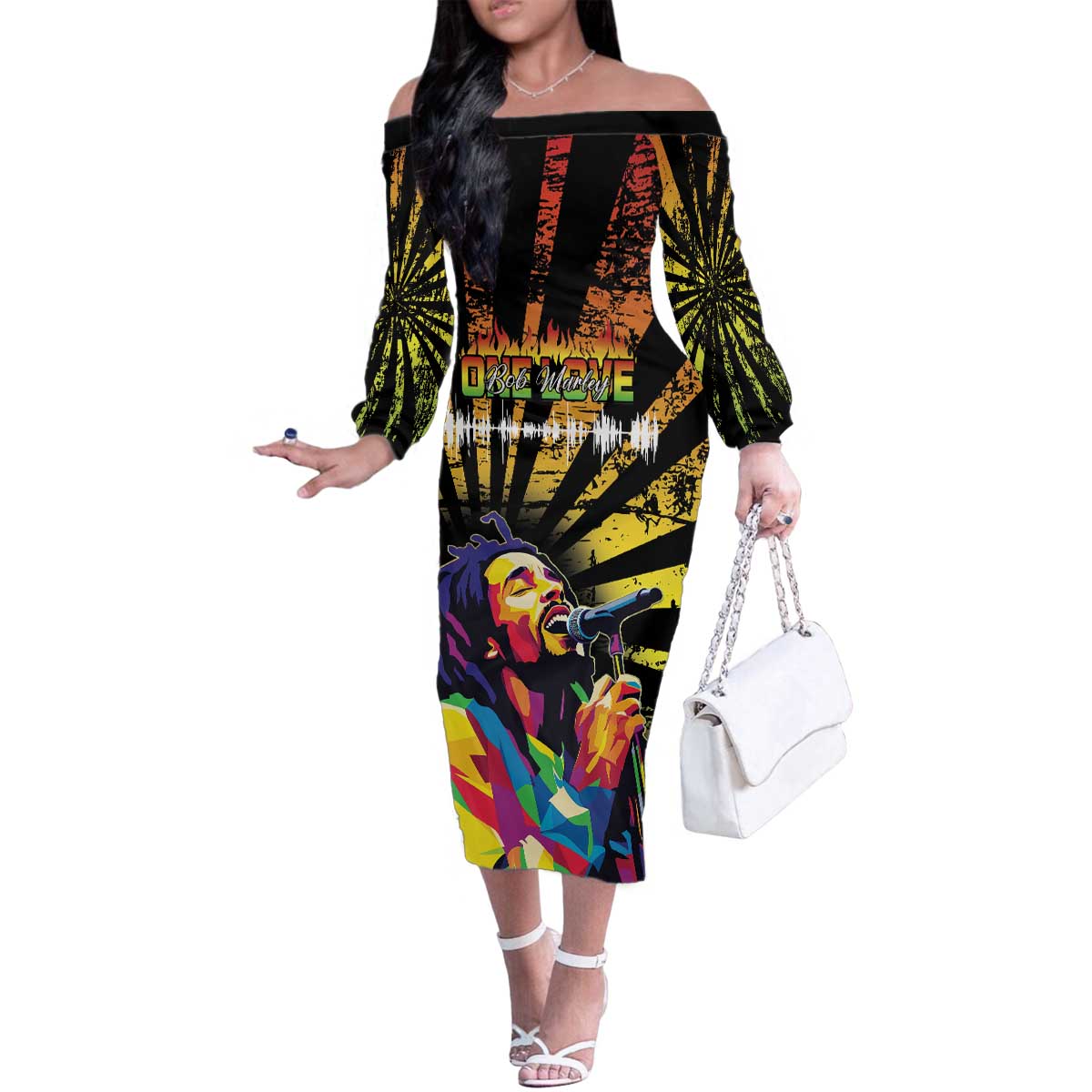 Reggae Legend Bob Family Matching Off The Shoulder Long Sleeve Dress and Hawaiian Shirt Grunge Style - Wonder Print Shop