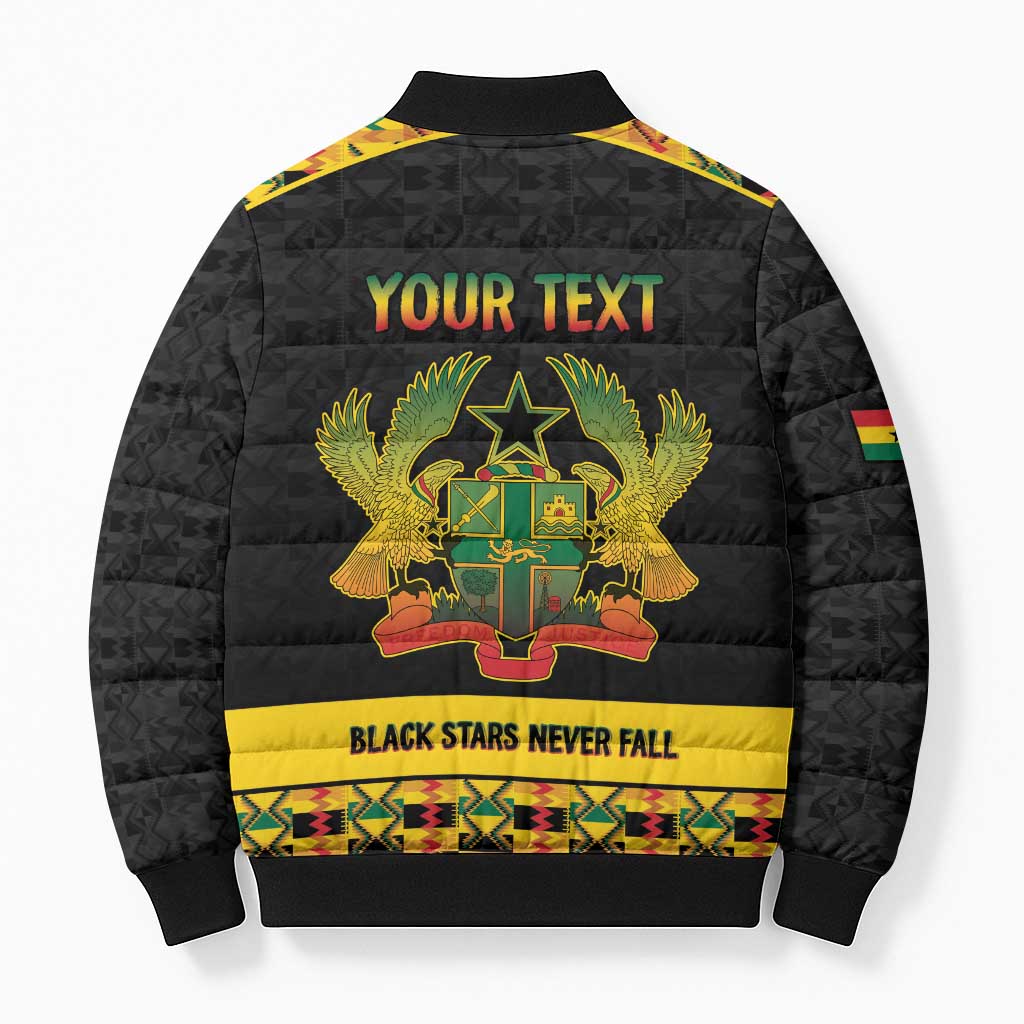 Personalized Afro Ghana Football Bomber Puffer Jacket Black Stars Never Fall - Kente Pattern - Wonder Print Shop