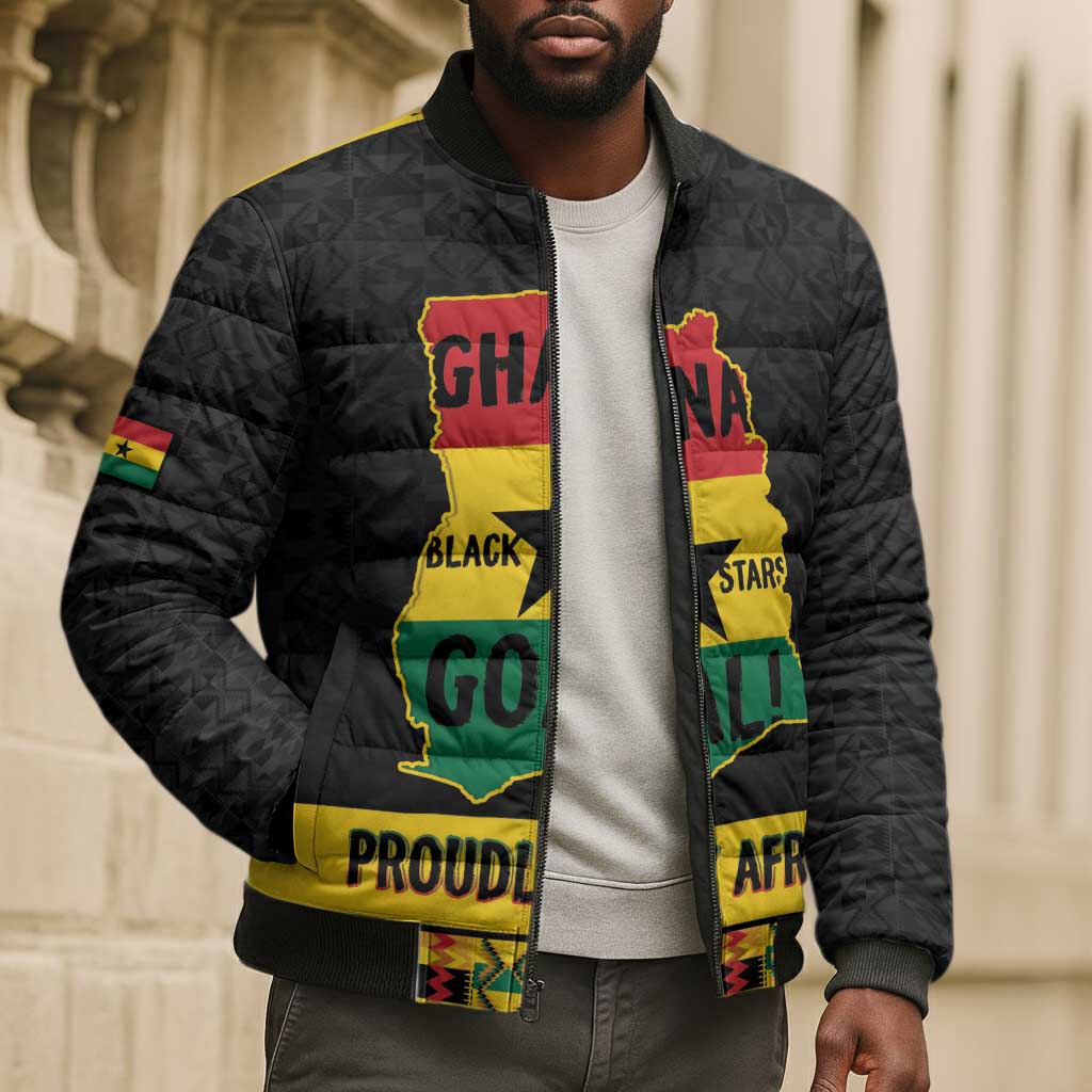 Personalized Afro Ghana Football Bomber Puffer Jacket Black Stars Never Fall - Kente Pattern - Wonder Print Shop